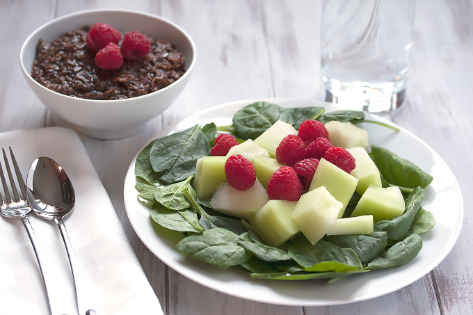 Chocolate zucchini oatmeal and honeydew