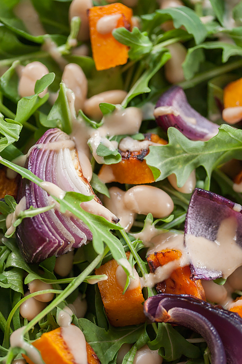 Roasted butternut squash salad with oil-free cashew dressing.