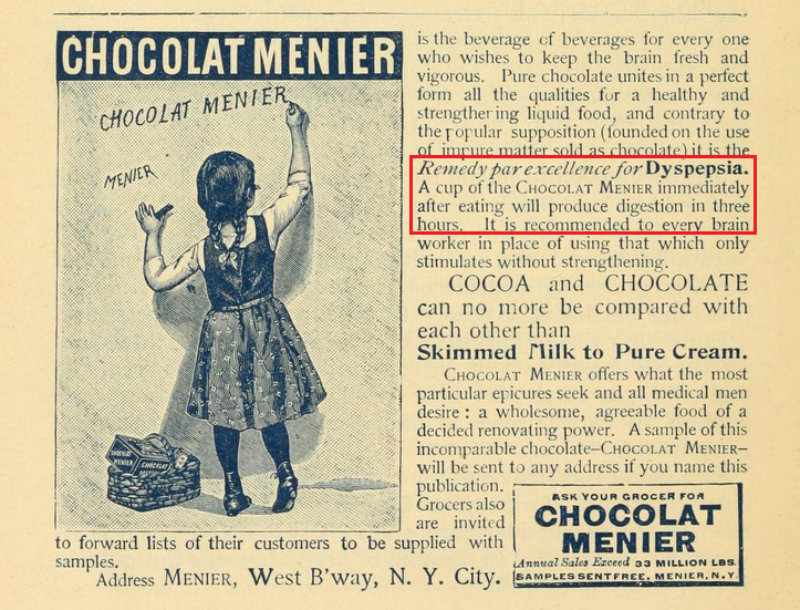 1892 Menier ad - Cocoa for dyspepsia