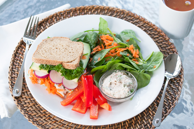 Ultimate veggie sandwich with soup and salad
