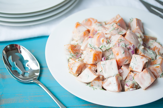 Sweet, salty, and creamy, this Southern Sweet Potato Salad is to die for! Soy-free, oil-free & vegan. So easy you can make it without turning on your stove!