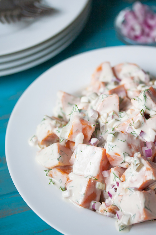 Soy-free, oil-free & vegan Southern Sweet Potato Salad! So easy you can make it without turning on your stove.