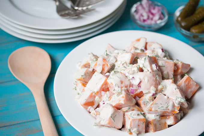 Sweet, salty, and creamy, this Southern Sweet Potato Salad is to die for! Soy-free, oil-free & vegan. So easy you can make it without turning on your stove!