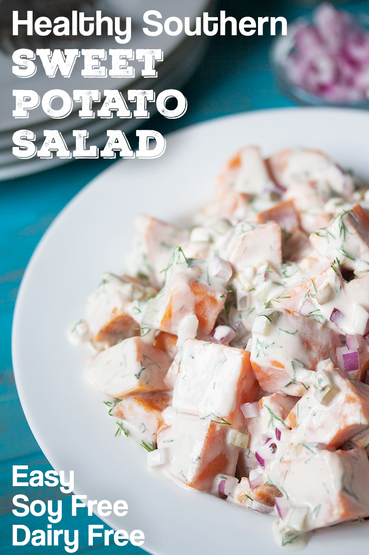 You'll be in heaven with this creamy Southern Sweet Potato Salad. Healthy and allergy friendly, it's dairy free, soy free, oil free and vegan. So easy you can make it without turning on your stove! Get the Recipe at www.Veggie-Quest.com